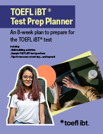 Cover image of the TOEFL iBT Test Prep Planner, featuring three female, college-age students walking together as they review information in a notebook